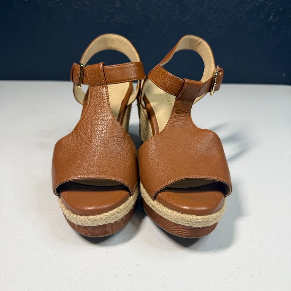Cole Haan T-Strap Wedge Sandals 5.5W Brown Leather Espadrille - Picture 3 of 9